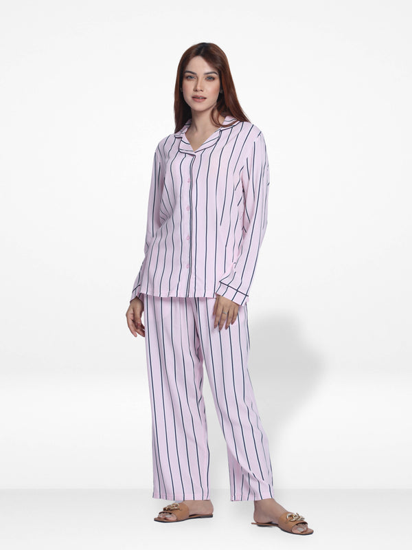 Women Pink Stripe Sleepwear Long Sleeve Pyjama Set