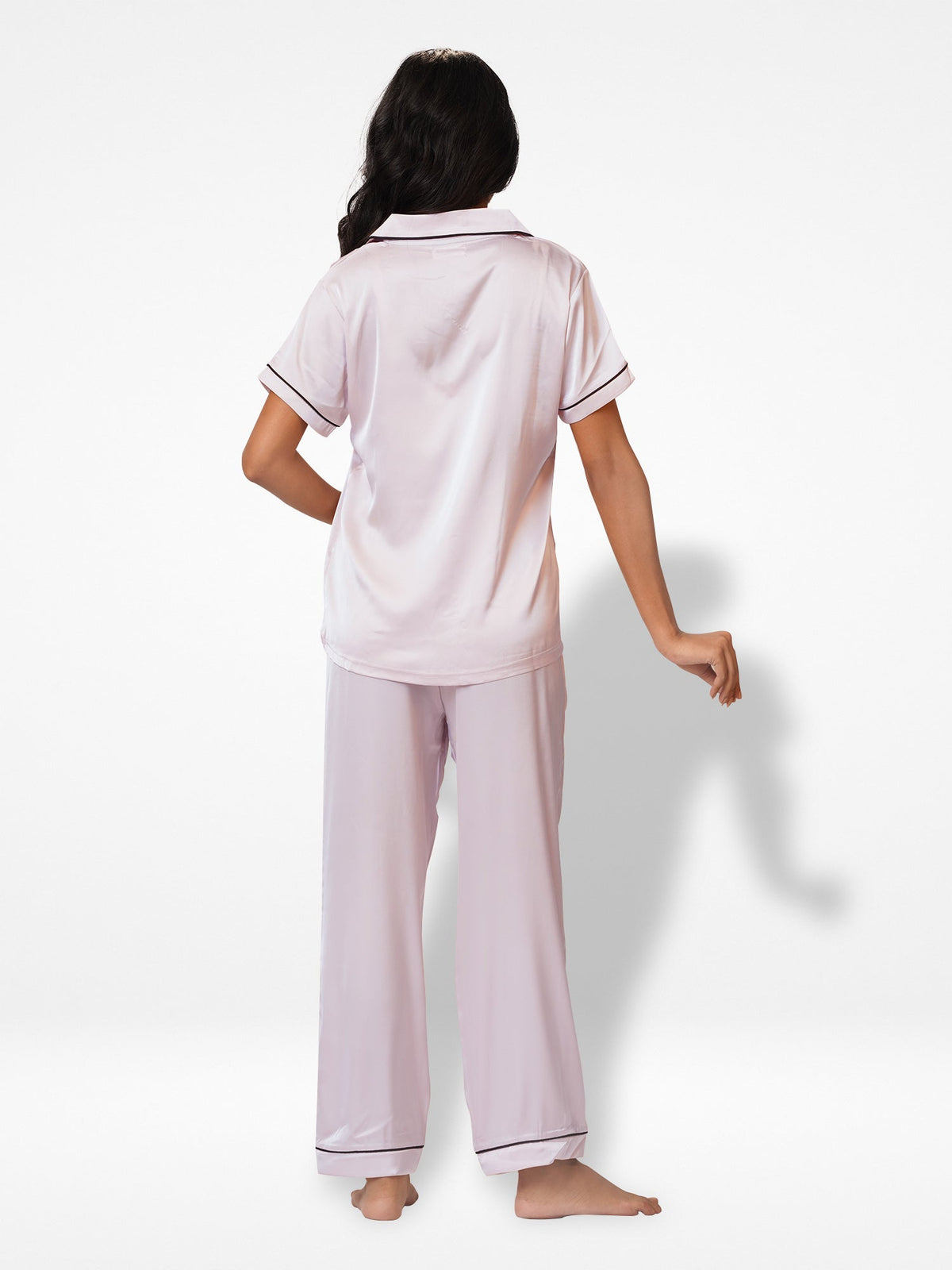 Satin Pajama Set for Women - Contrast Piping, Notch Collar, Button Down, Short Sleeve, Long Pant