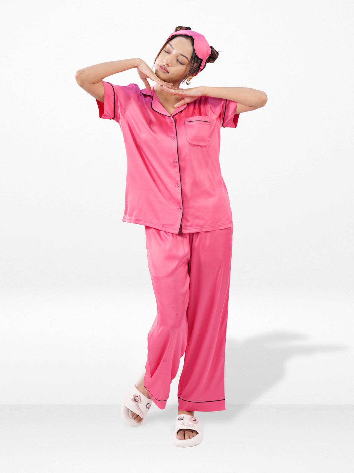 Satin Pajama Set for Women - Contrast Piping, Notch Collar, Button Down, Short Sleeve Long Pant & Sleep Eye Mask
