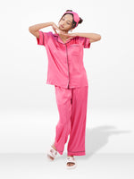 Satin Pajama Set for Women - Contrast Piping, Notch Collar, Button Down, Short Sleeve Long Pant & Sleep Eye Mask