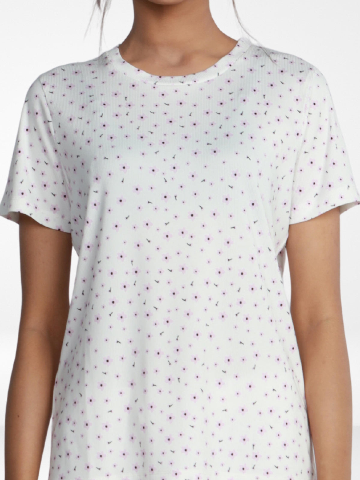 Women’s All Over Printed Short Sleeve Lounge Top | Soft Stretch Yummy Rib Fabric | Crew Neck Casual Sleepwear & Loungewear Top - White