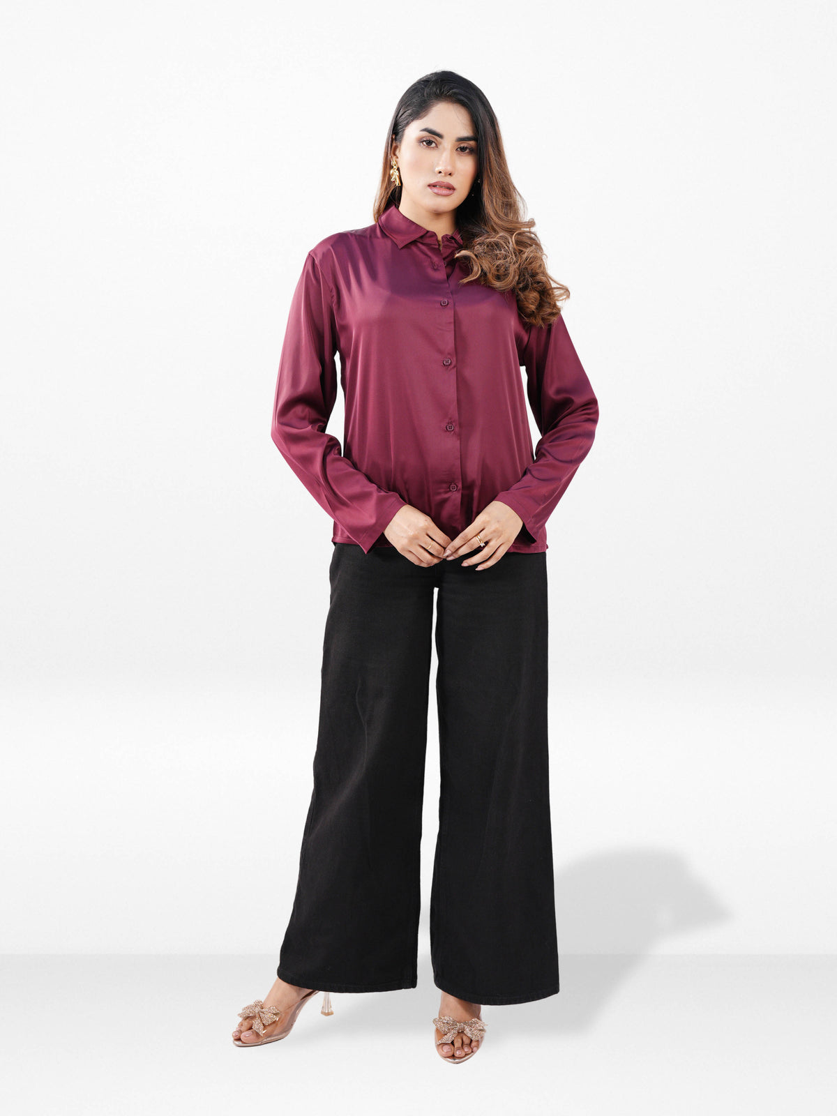 Women’s Long Sleeve Satin Shirt – Spread Collar Button-Down Top | Soft Shiny Formal & Casual Wear