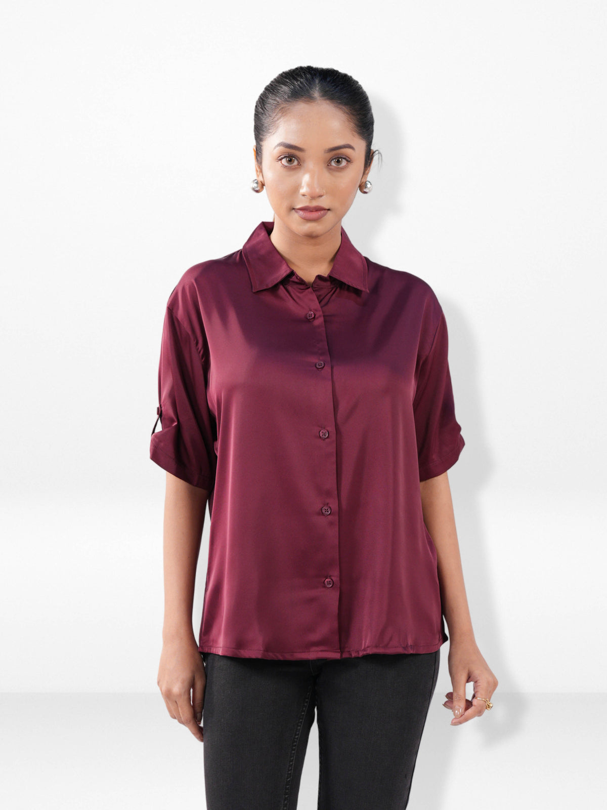 Women’s Short Sleeve Satin Shirt – Spread Collar Button-Down Top | Soft Shiny Formal & Casual Wear