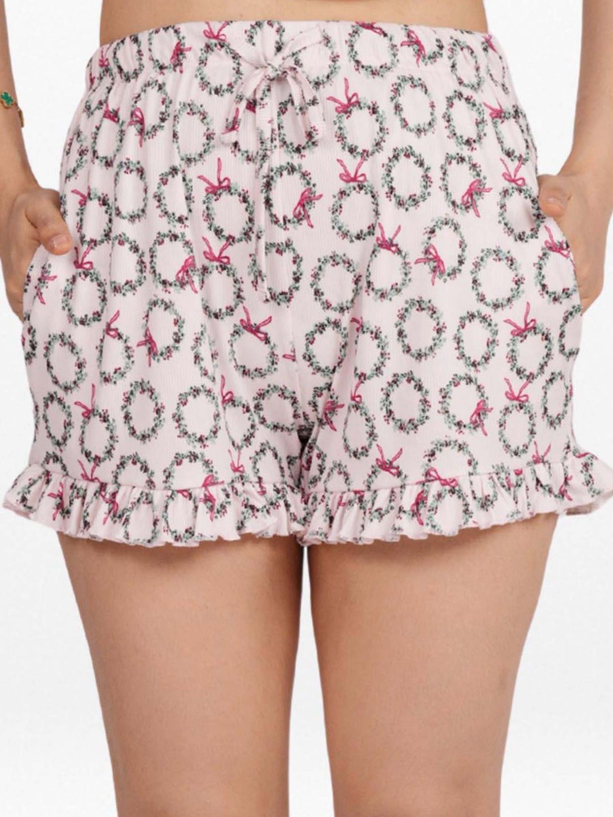 Womens All Over Printed Frill Height Style Bottom Shorts for Trendy Casual Wear - Blushing Bride