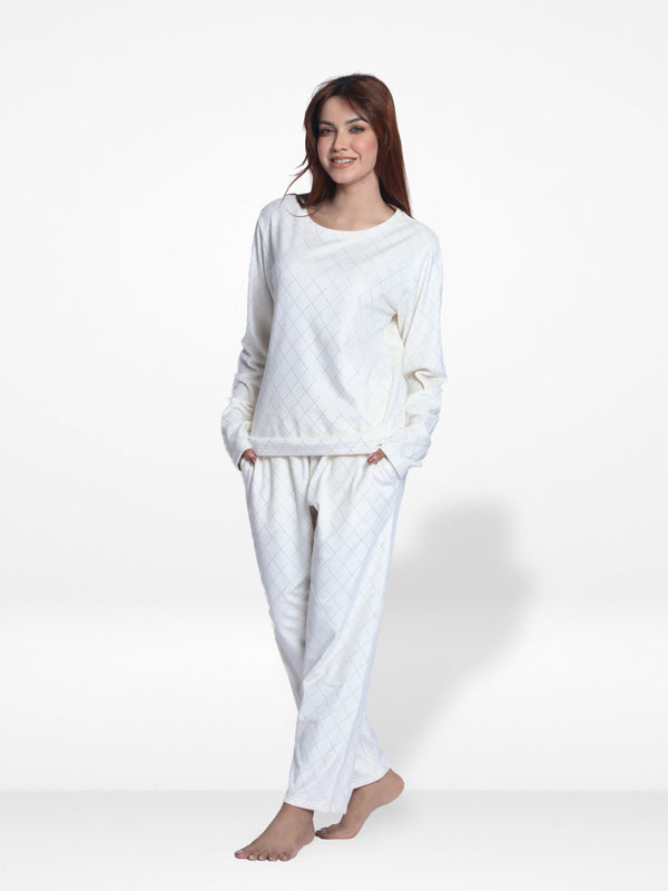 Women Velour Sleepwear Long Sleeve Pyjama Set White Foil Print