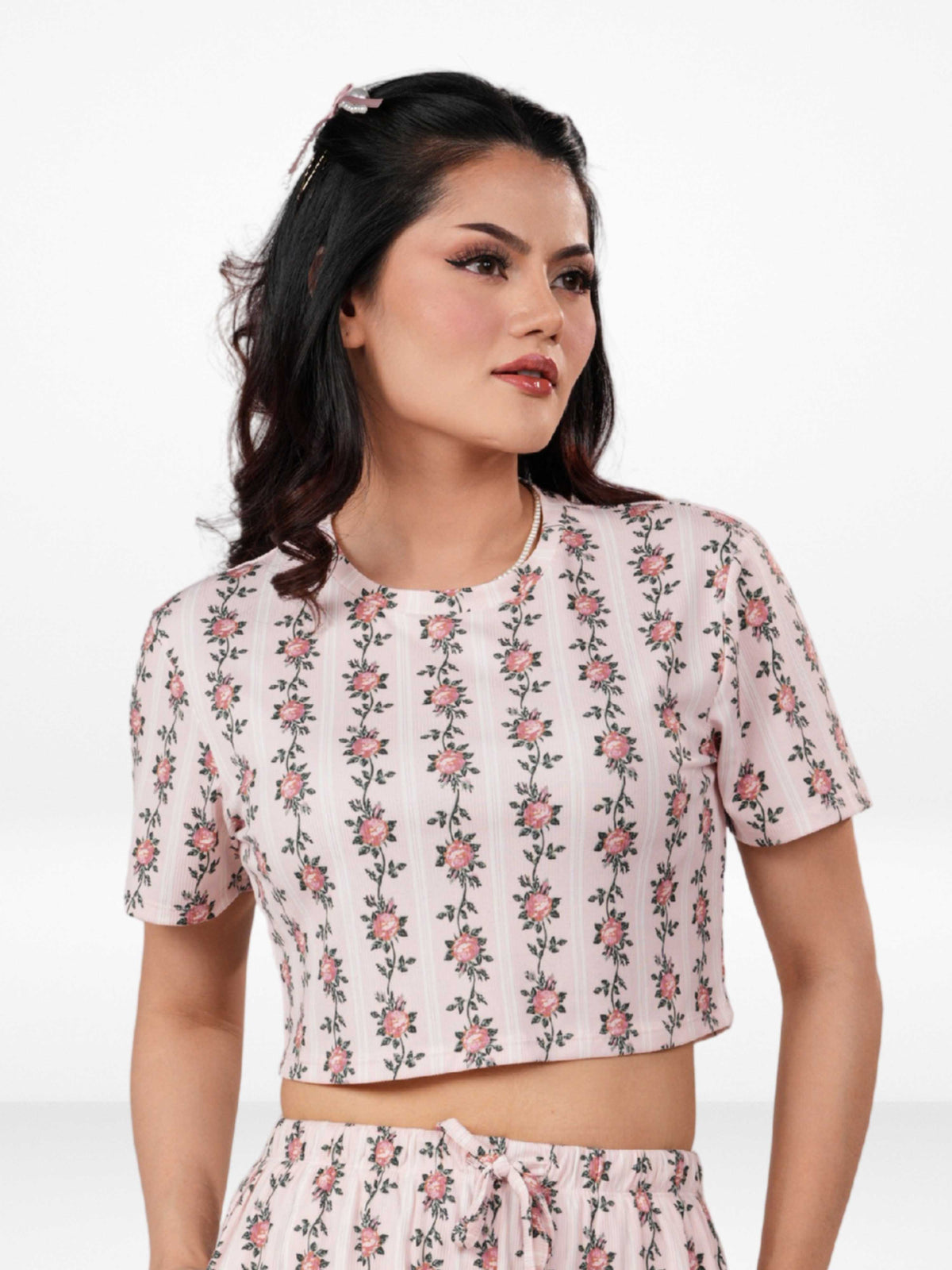 Womens All Over Printed Crop Top Crew Neck Half Sleeve Tee for Trendy Casual Wear - Blushing Bride Rose