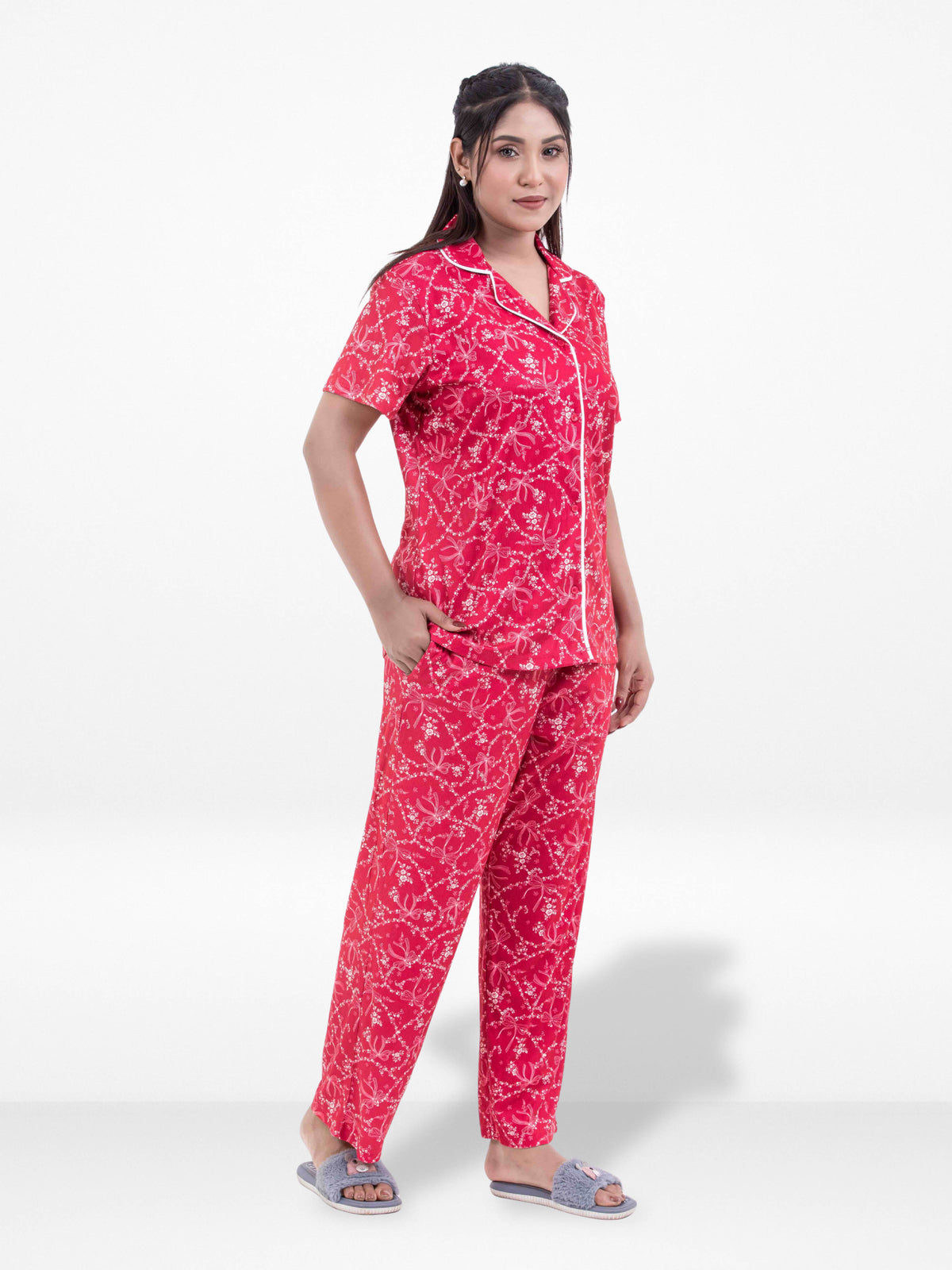 3pcs Women Satin Pajama Set. Contrast Piping, Notch Collar & Button Down.