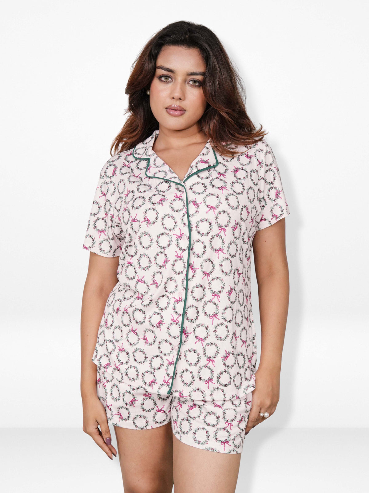 Women’s Notch Collar Sleepwear Set – Short Sleeve All Over Print Pajama Top & Shorts, Soft Comfortable Nightwear