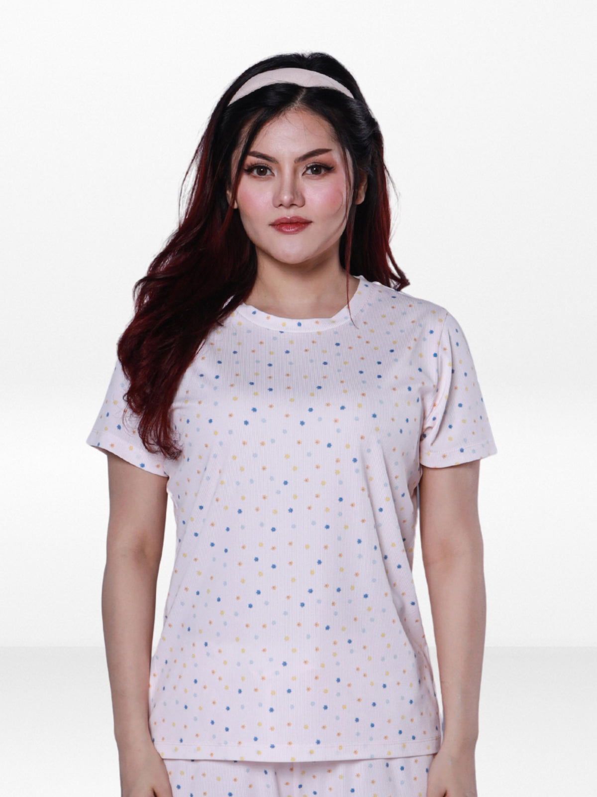 Women’s All Over Printed Short Sleeve Lounge Top | Soft Stretch Yummy Rib Fabric | Crew Neck Casual Sleepwear & Loungewear Top - LT.Pink