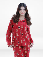 Women’s Teddy Bear Printed Pyjama Set – Micro Polar Fleece Long Sleeve Sleepwear Notch-Collar, Soft & Cozy 2-Piece Winter Nightwear