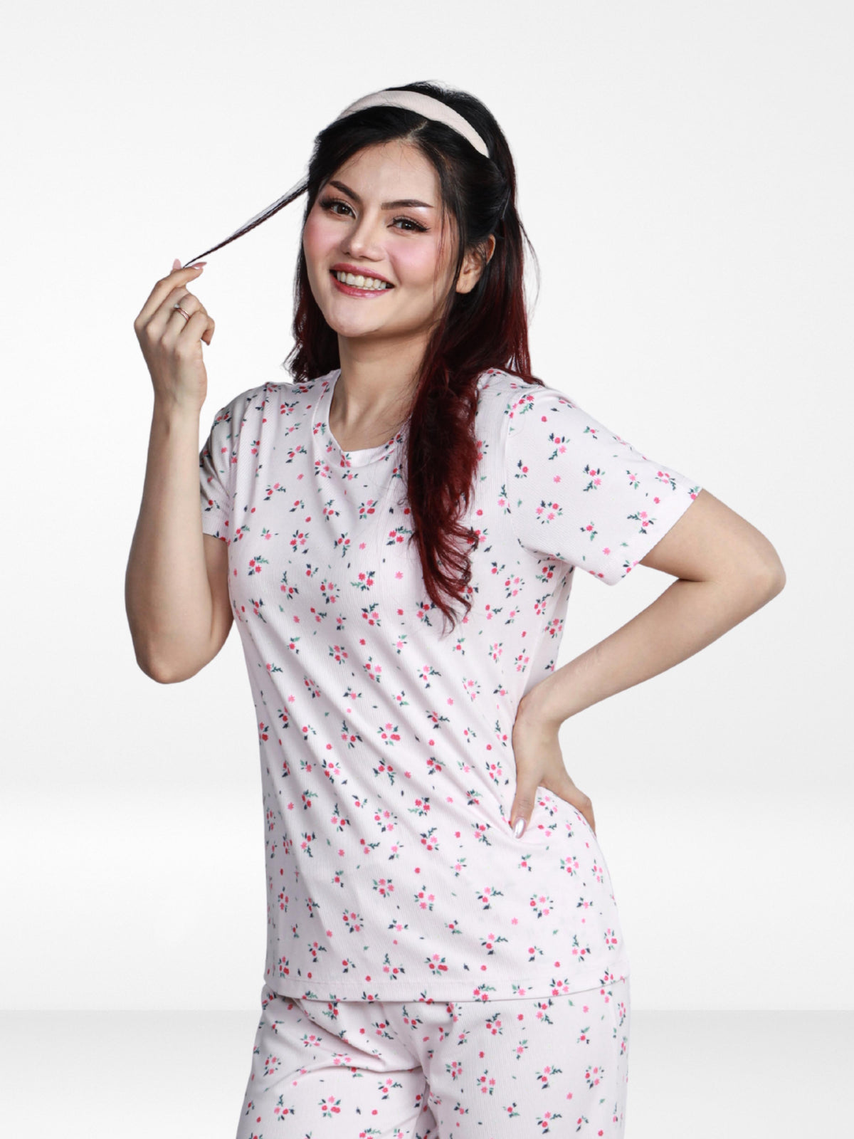 Women’s All Over Printed Short Sleeve Lounge Top | Soft Stretch Yummy Rib Fabric | Crew Neck Casual Sleepwear & Loungewear Top - Pink
