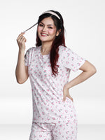 Women’s All Over Printed Short Sleeve Lounge Top | Soft Stretch Yummy Rib Fabric | Crew Neck Casual Sleepwear & Loungewear Top - Pink