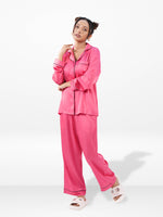 Satin Pajama Set for Women - Contrast Piping, Notch Collar, Button Down, Long Sleeve Long Pant