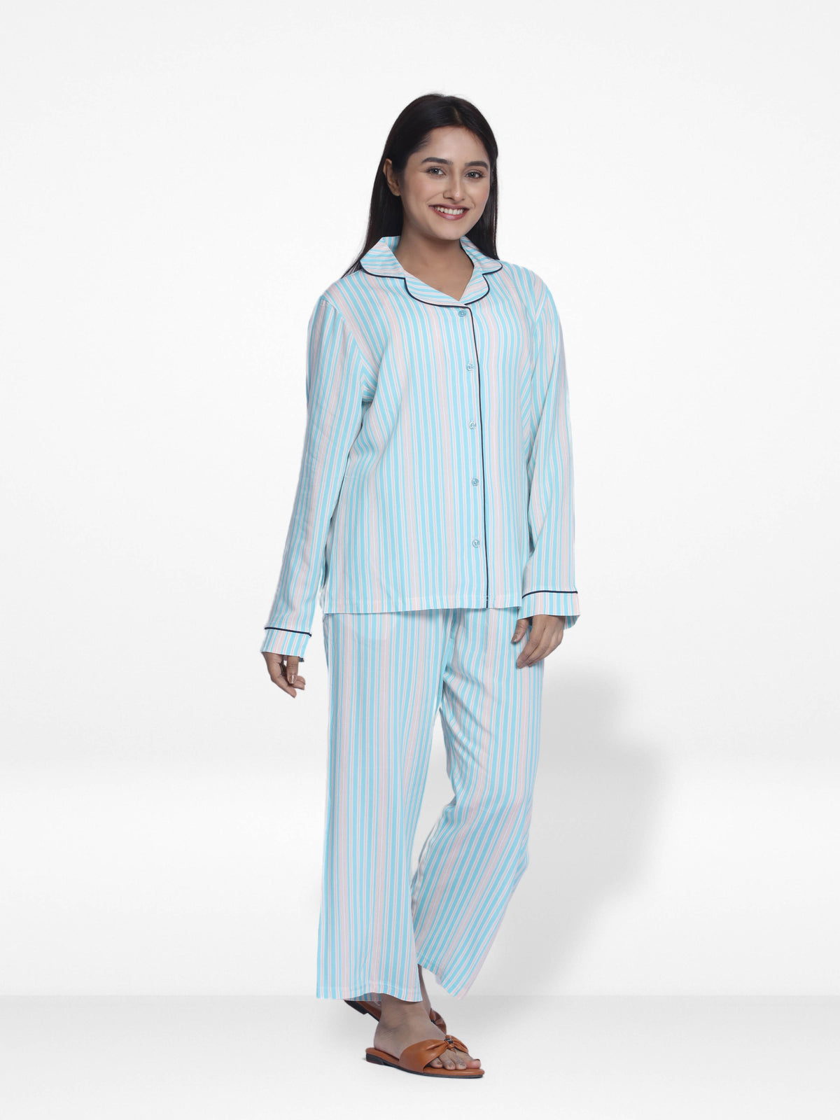 Women Mint Stripe Sleepwear Long Sleeve Pyjama Set