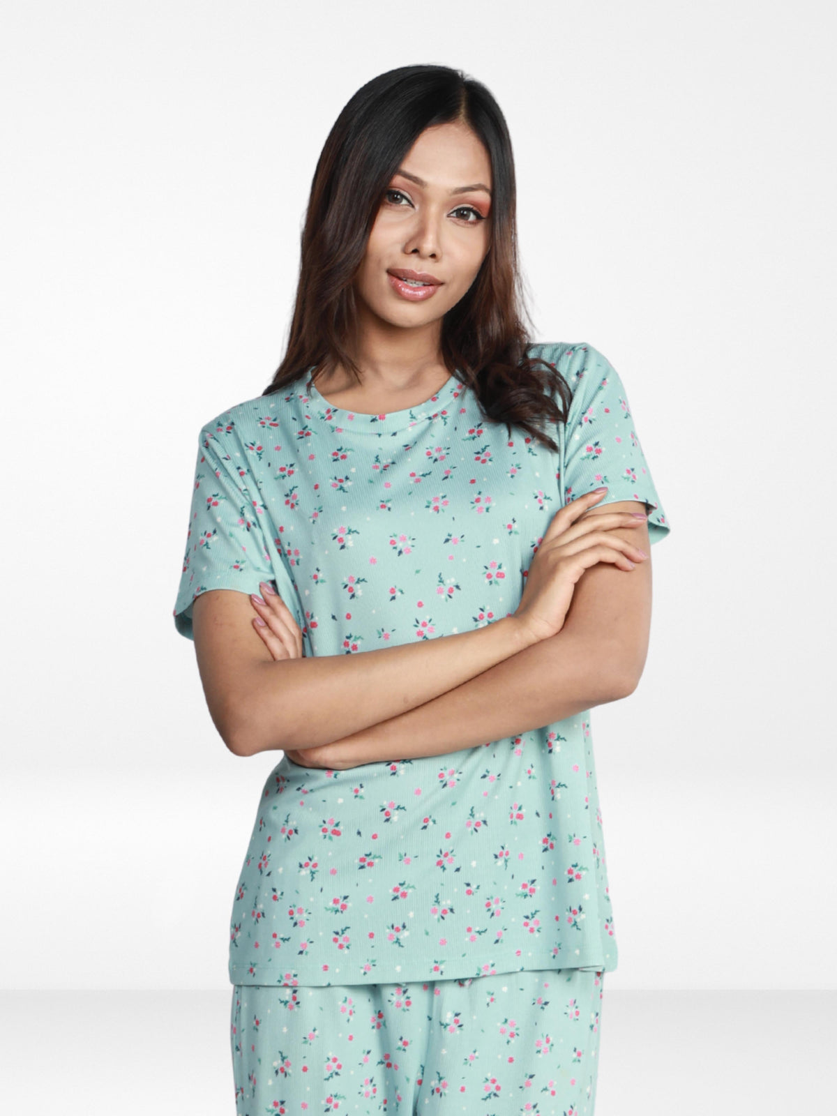 Women’s All Over Printed Short Sleeve Lounge Top | Soft Stretch Yummy Rib Fabric | Crew Neck Casual Sleepwear & Loungewear Top - Ether