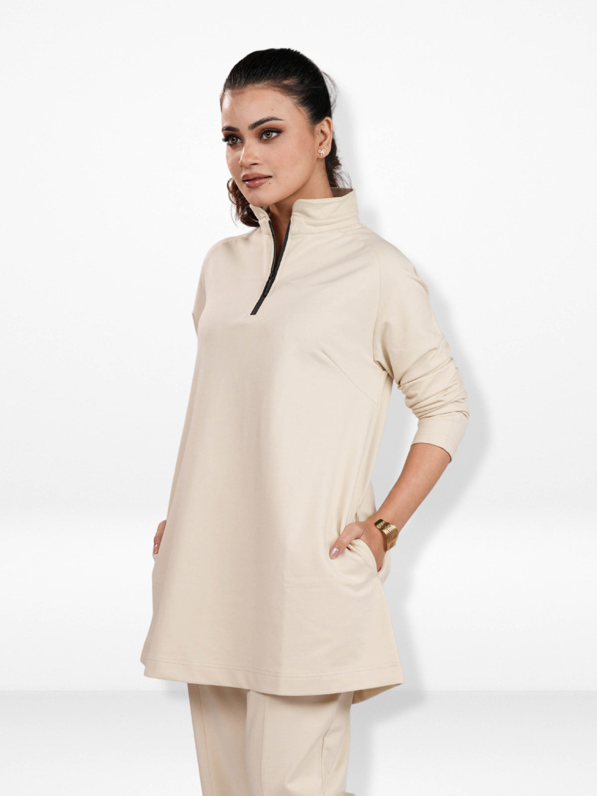 Women’s High Neck Half Zip Pullover Sweatshirt – Long Sleeve | Trendy Relaxed Fit