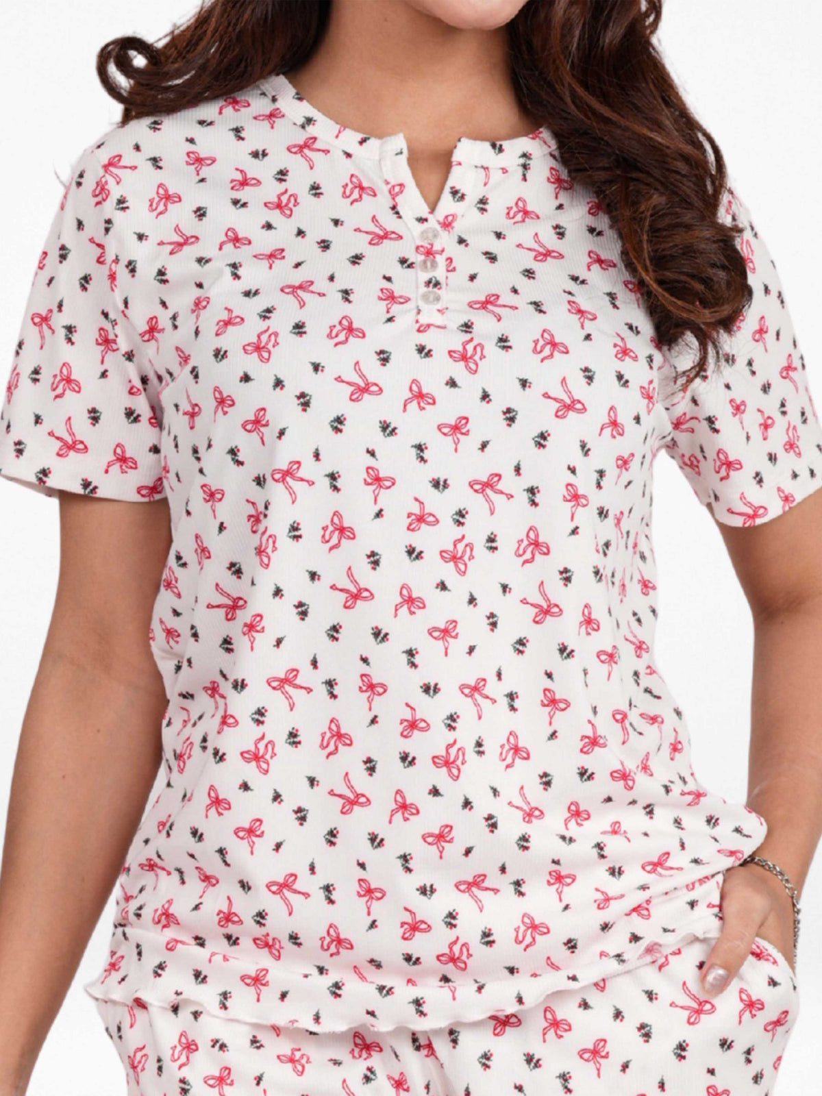 Women’s Henley Short Sleeve Pajama Top | Printed Sleepwear Shirt | Soft Stretch Yummy Rib Fabric | Casual Lounge Top for Women - Egret