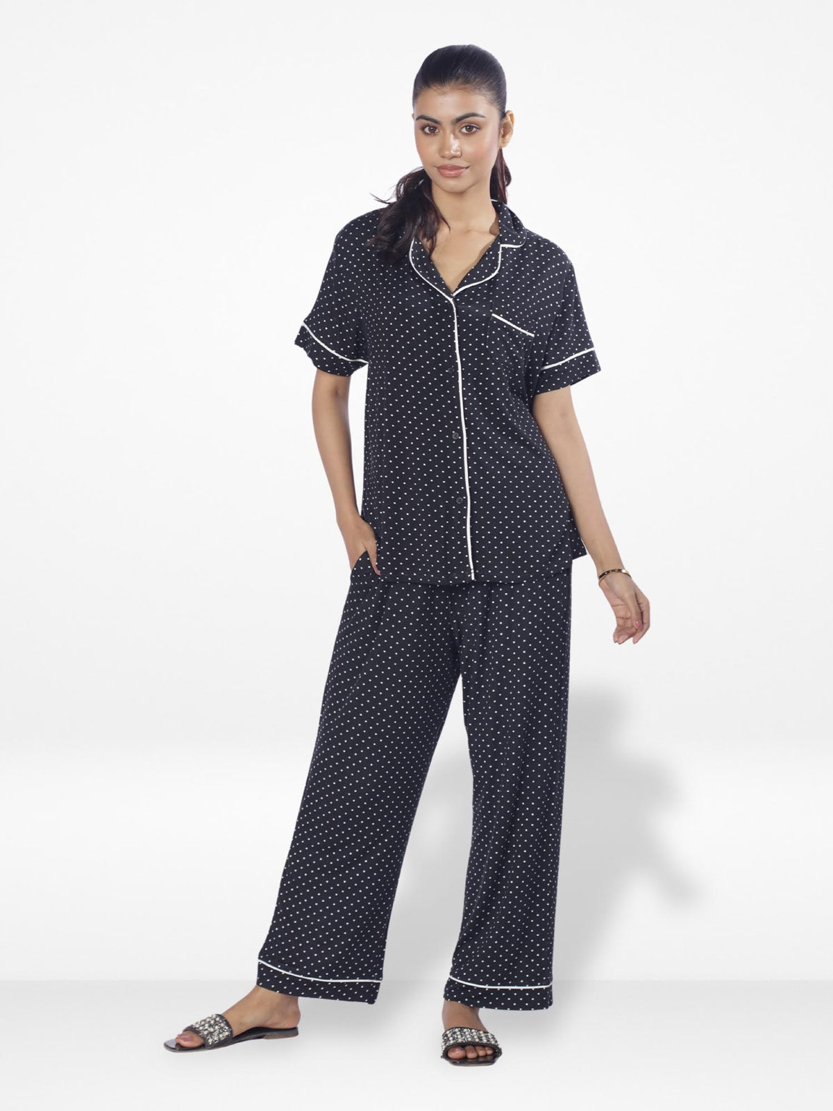 Women Printed Night Suit Set of Shirt & Pyjama, Night wear Dress