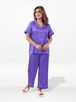 Satin Pajama Set for Women - Contrast Piping, Notch Collar, Button Down, Short Sleeve Long Pant & Sleep Eye Mask