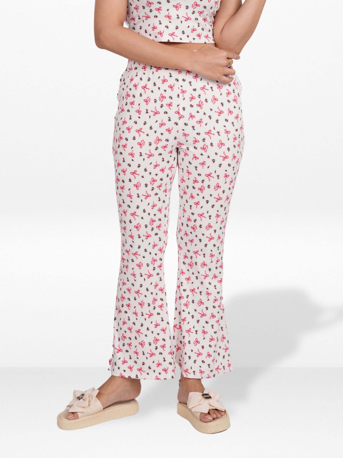 Women’s Printed Palazzo Pants | Wide Leg Lounge Trousers for Women | Soft Stretch Yummy Rib Fabric | Casual & Party Wear Bottoms - Egret