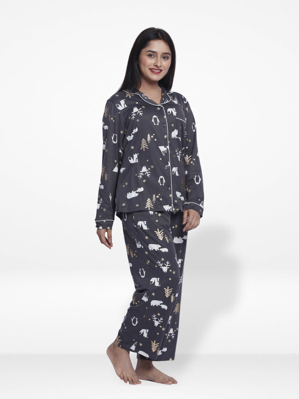 Women Sleepwear Long Sleeve Pyjama Set Dark Grey Aop