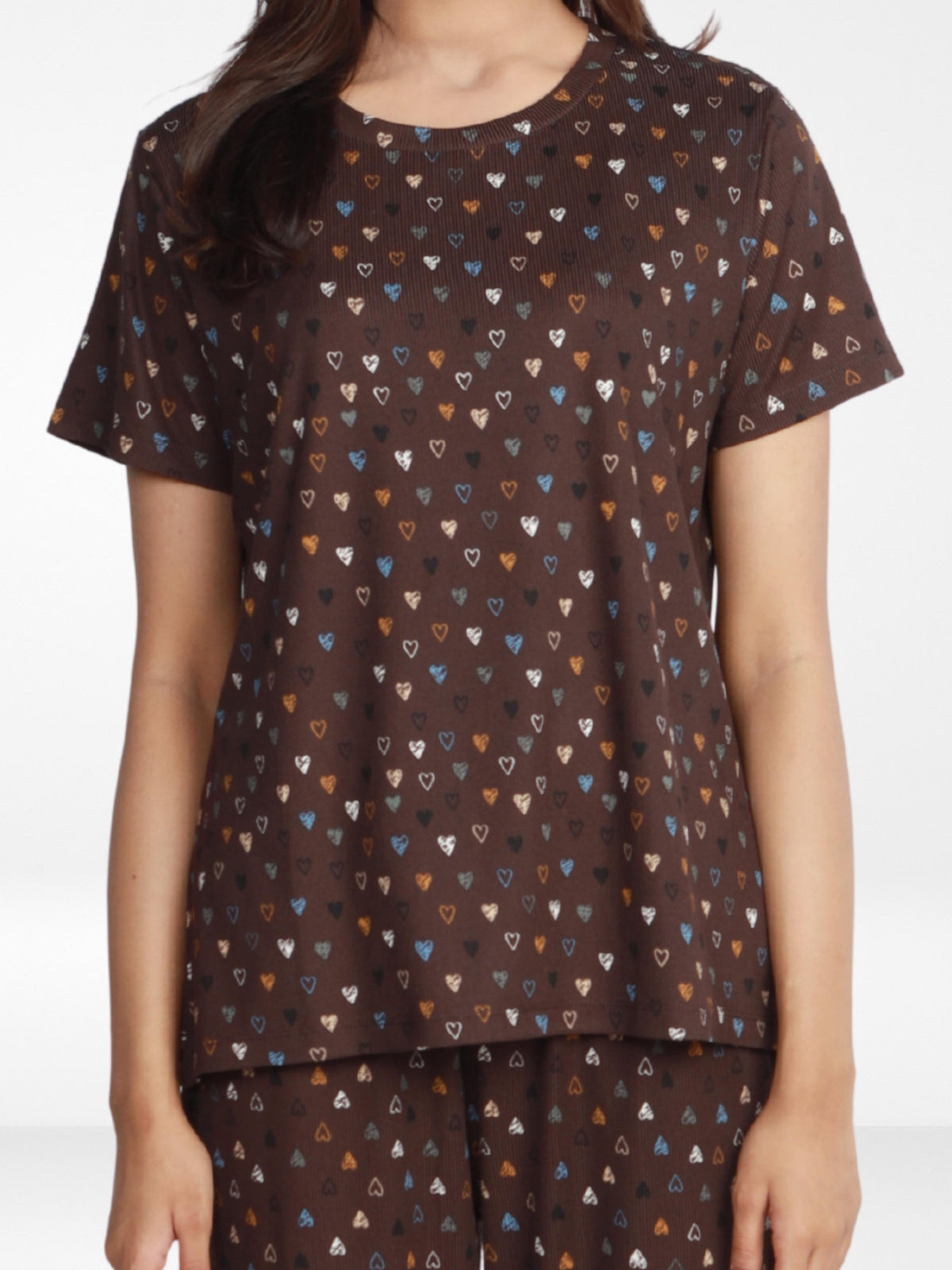 Women’s All Over Printed Short Sleeve Lounge Top | Soft Stretch Yummy Rib Fabric | Crew Neck Casual Sleepwear & Loungewear Top - Coffee