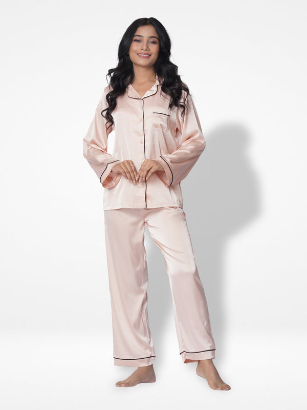 Satin Pajama Set for Women - Contrast Piping, Notch Collar, Button Down, Long Sleeve & Long Pant