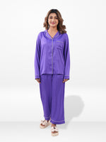 Satin Pajama Set for Women - Contrast Piping, Notch Collar, Button Down, Long Sleeve Long Pant