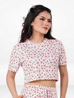 Womens All Over Printed Crop Top Crew Neck Half Sleeve Tee for Trendy Casual Wear - Egret
