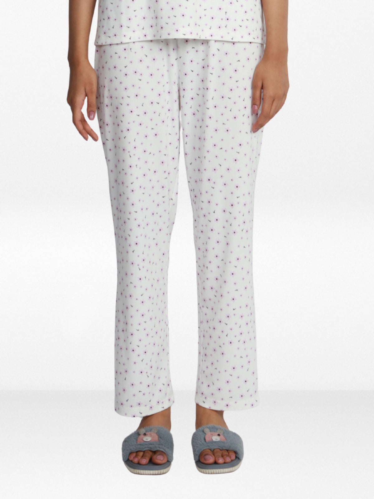 Women’s All Over Printed Lounge Pants | Soft Stretch Yummy Rib Fabric | Drawstring Waist Casual Sleepwear & Pajama Trousers - White