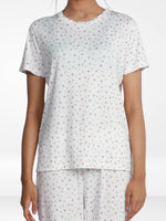 Women’s All Over Printed Short Sleeve Lounge Top | Soft Stretch Yummy Rib Fabric | Crew Neck Casual Sleepwear & Loungewear Top - White