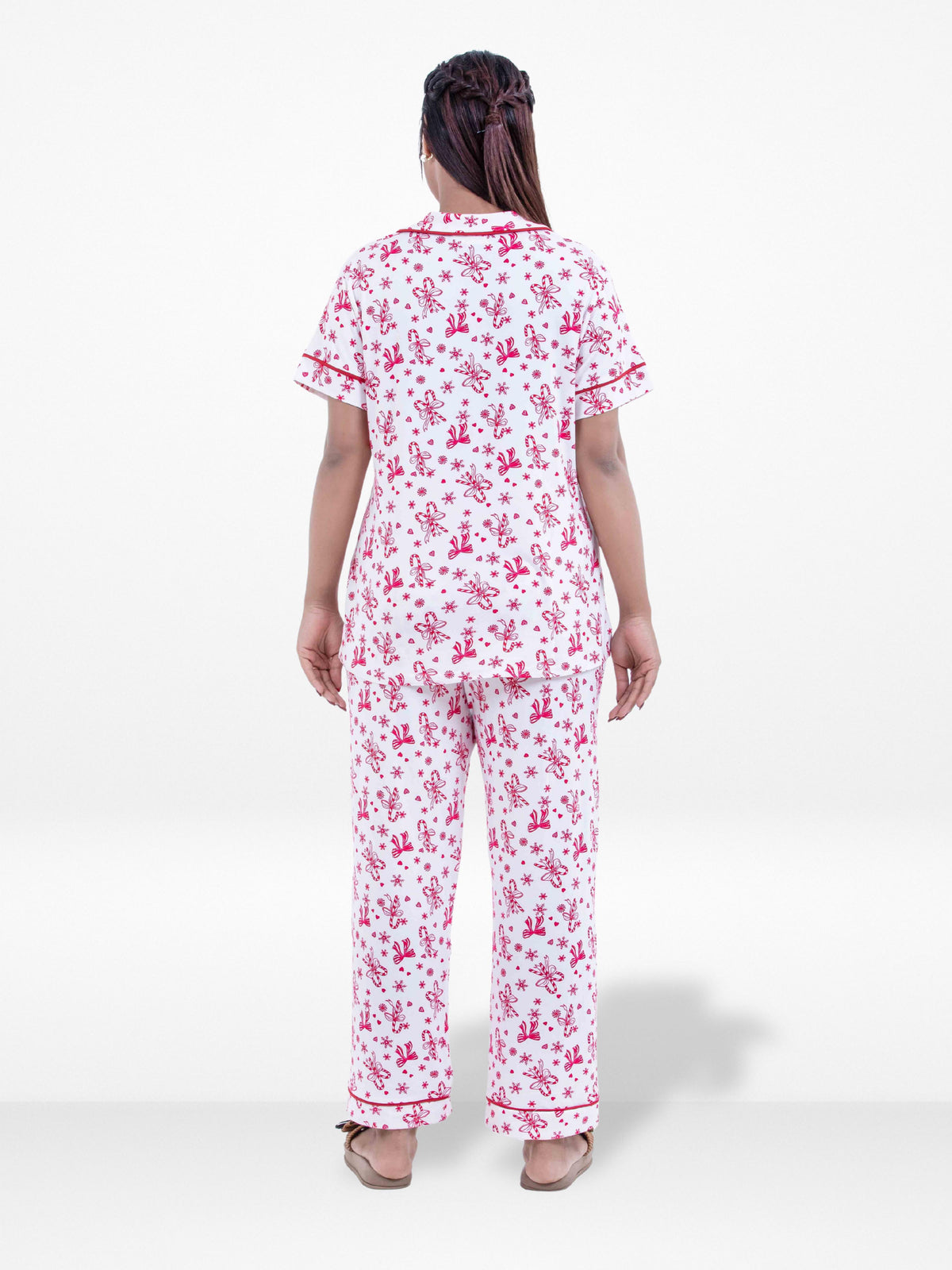 Women Christmas Candy Cane Printed Pyjama Set , Night wear Dress Women's Printed Night Suit Set Shirt & Pyjama | Soft Nightwear Dress, 2 Piece Sleepwear for Women, 