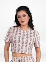 Womens All Over Printed Crop Top and Long Bottom Set Crew Neck Half Sleeve Tee & Matching Bottom | Trendy Casual Two-Piece Wear - Blushing Bride Rose