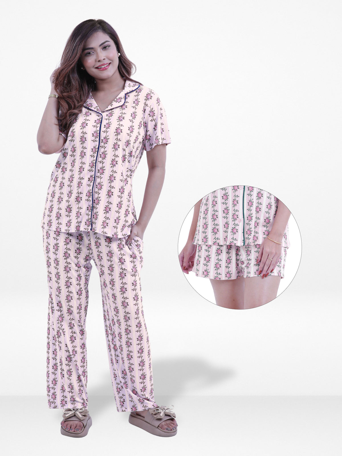 Women’s 3-Piece Pajama Set – Yummy Rib Fabric Sleepwear with Contrast Piping, Notch Collar & Button Down Top,