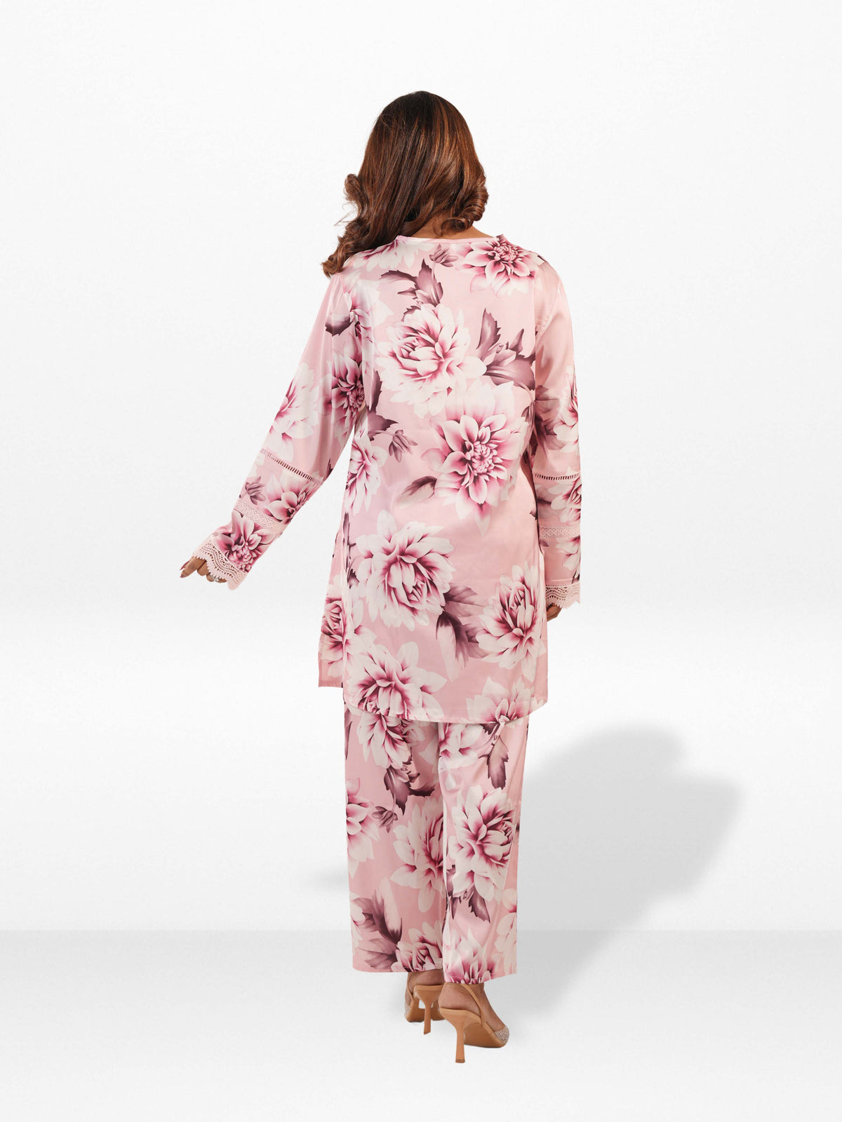 Women's Co-Ord Set – Pink Satin Floral Printed 2-Piece Matching Outfit
