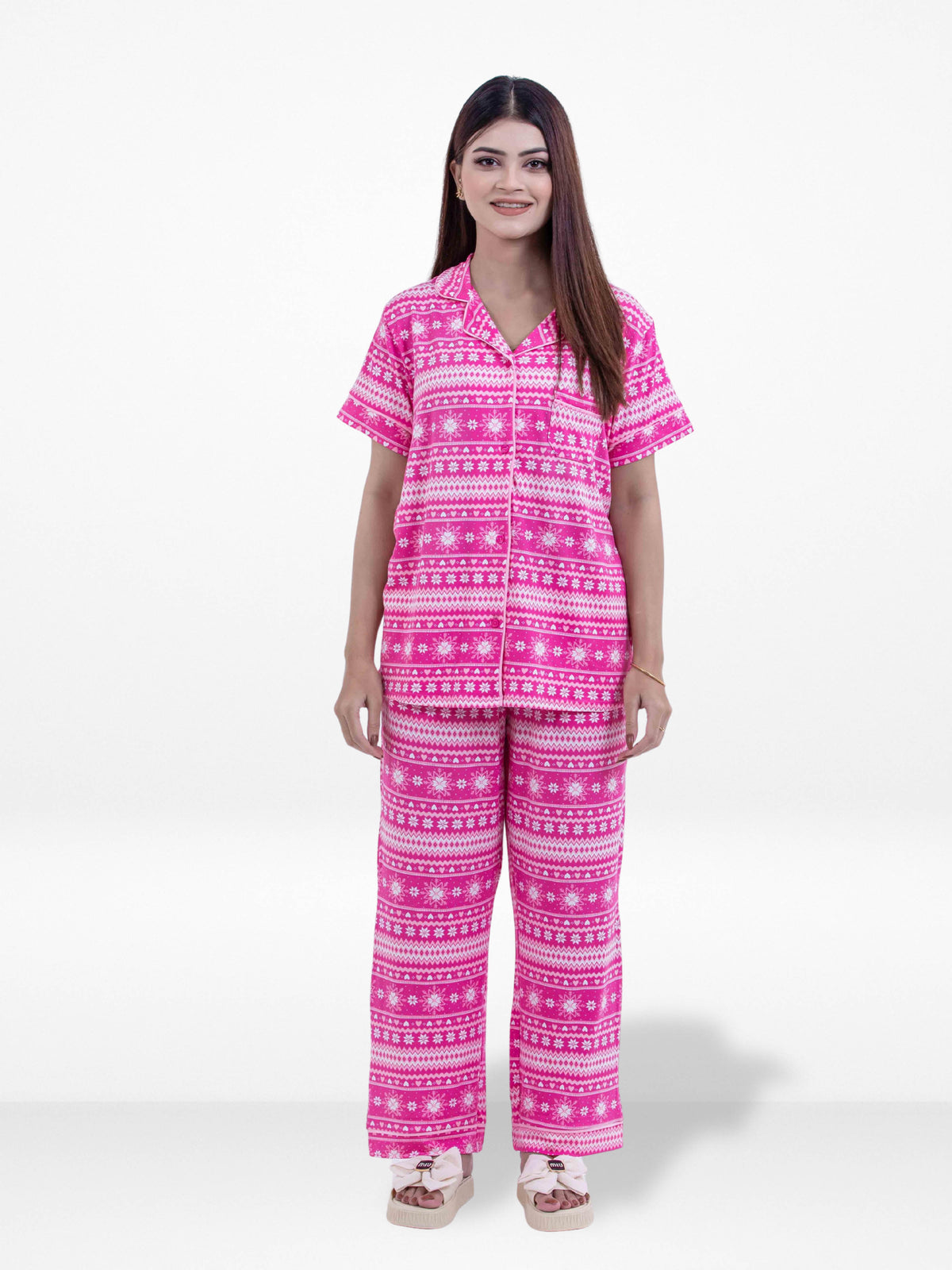 Women Texture Printed Suit Shirt & Pyjama Set , Night wear Dress Women's Printed Night Suit Set Shirt & Pyjama | Soft Nightwear Dress, 2 Piece Sleepwear for Women, 