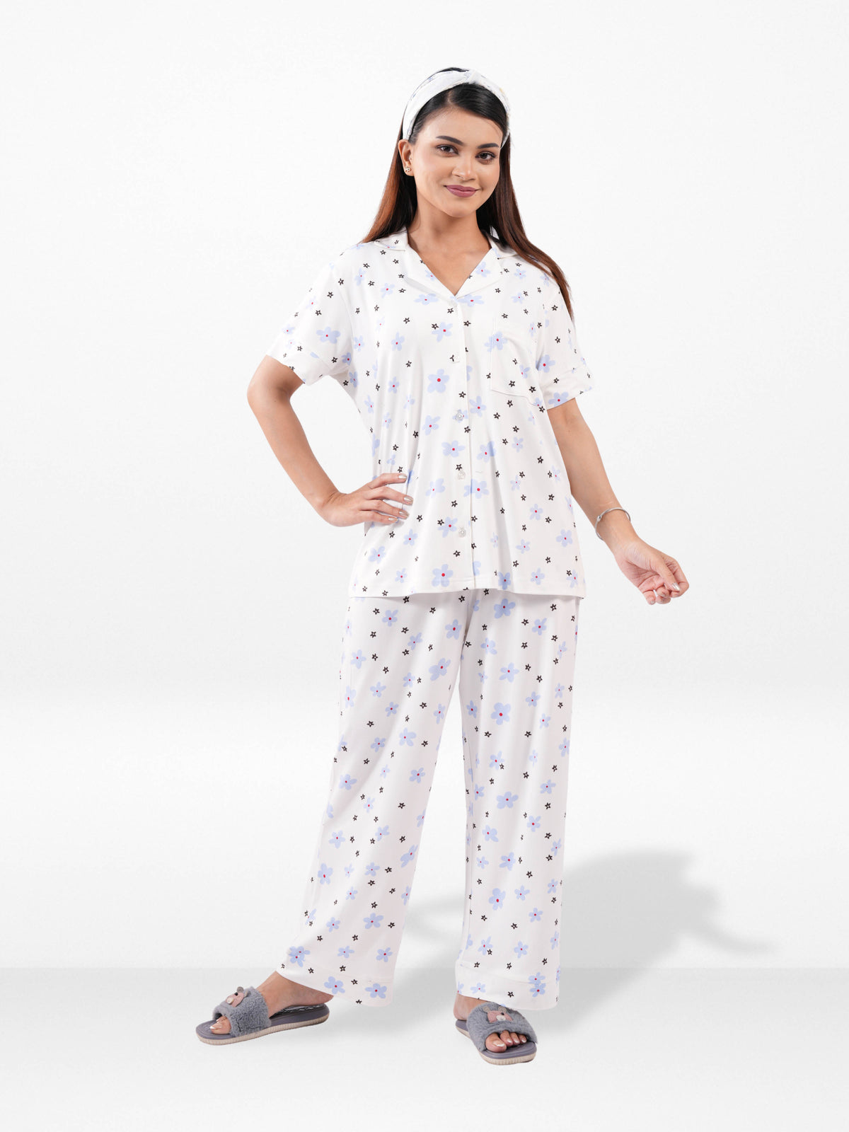 Women All Over Printed Night Suit Set of Shirt & Pyjama, Night wear Dress