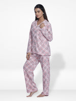 Women Micro Polar Fleece light pink check print Sleepwear Long Sleeve Pyjama Set