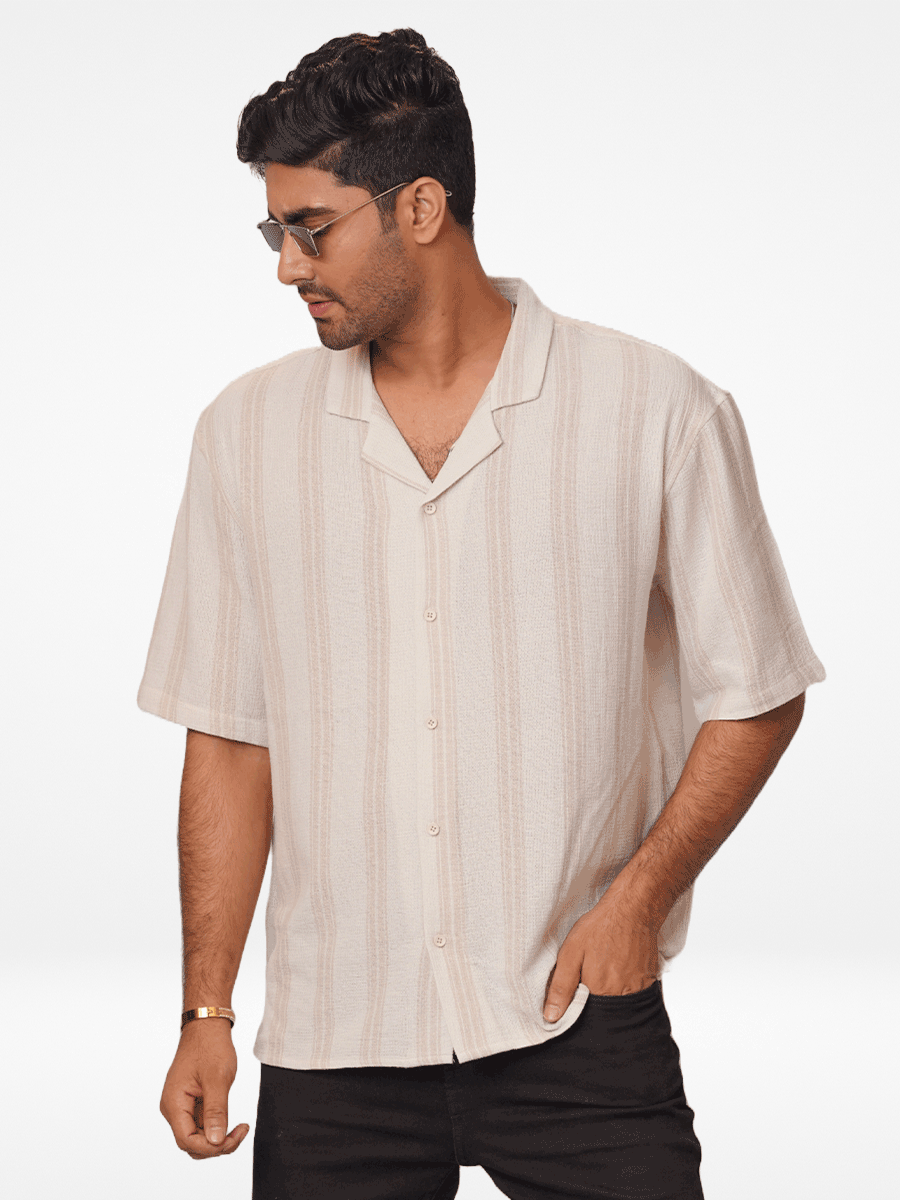 Men's Half-Sleeve Relaxed-Fit Casual Cuban Collar Shirt Beige Stripes