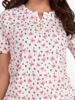 Women’s Henley Short Sleeve Pajama Top | Printed Sleepwear Shirt | Soft Stretch Yummy Rib Fabric | Casual Lounge Top for Women - Egret