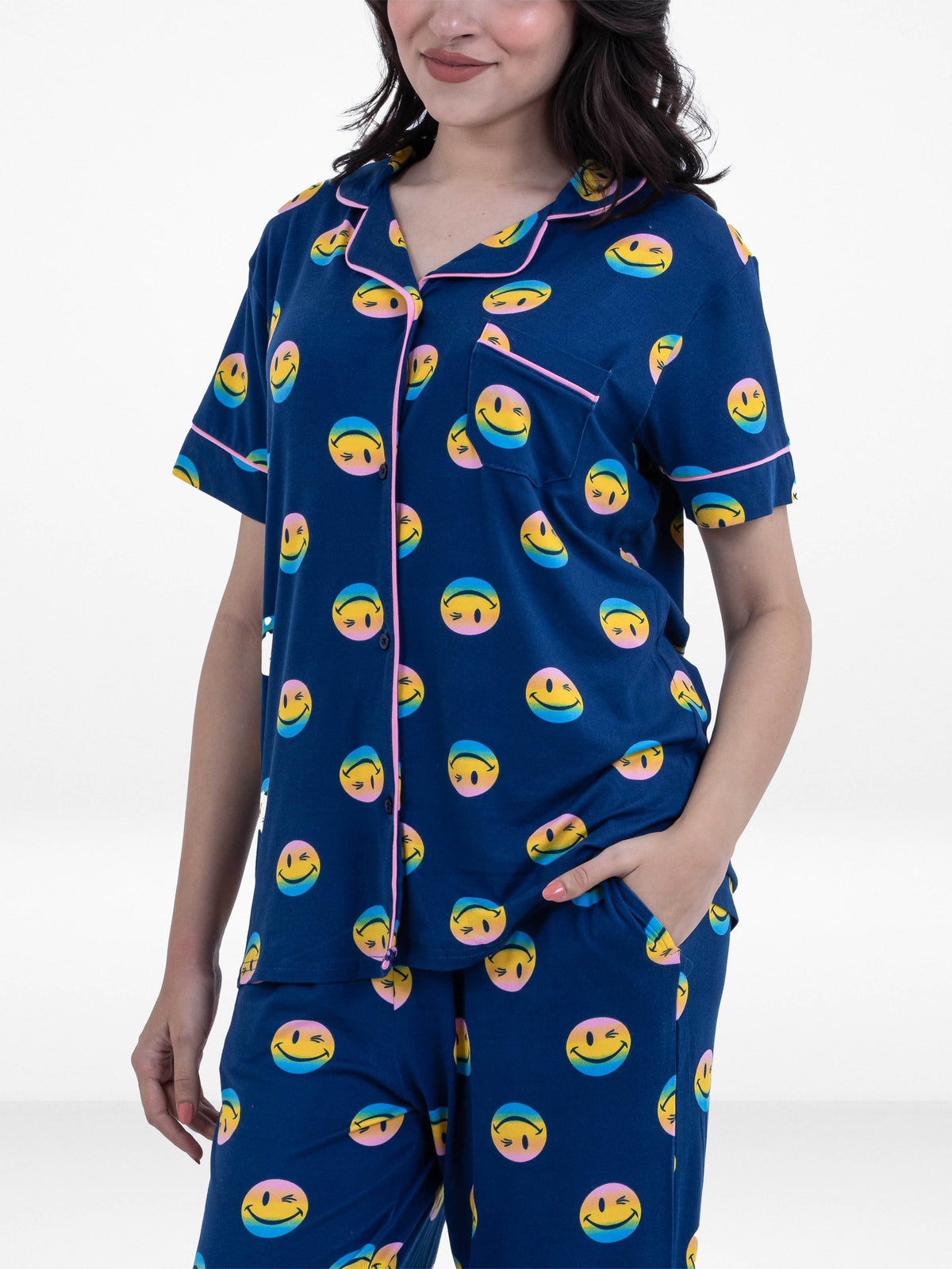 Women Blue Smiley Face Printed Pyjama Set,Night wear Dress Women's Aop Printed Night Suit Set Shirt &amp; Pyjama | Soft Nightwear Dress, 2 Piece Sleepwear for Women,