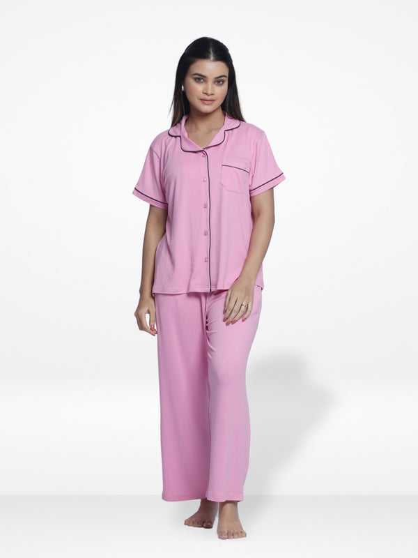 Women Solid Sleepwear Short Sleeve Pyjama Set