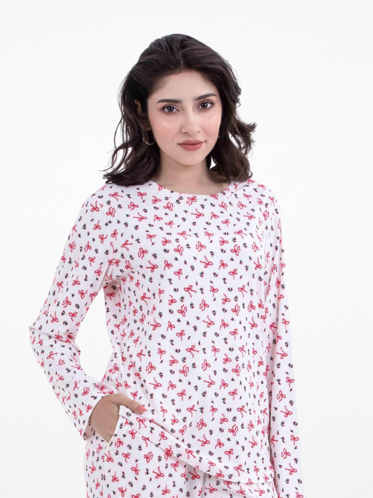 Women’s Long-Sleeve Crew Neck Pajama Top | All-Over Print Sleepwear Shirt | Soft & Stretchy Yummy Rib Fabric | Lounge Top - Egret