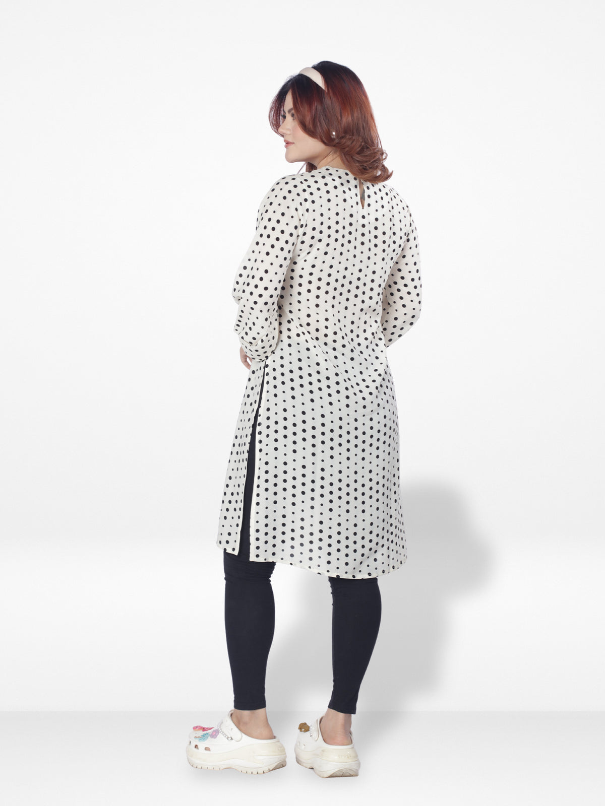 Women All Over Black Dot Print Full Sleeve Long Top| Beige