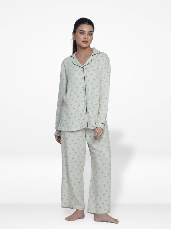 Women Light Green  Sleepwear Long Sleeve Pyjama Set