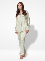 Satin Pajama Set for Women - Contrast Piping, Notch Collar, Button Down, Long Sleeve &amp; Long Pant