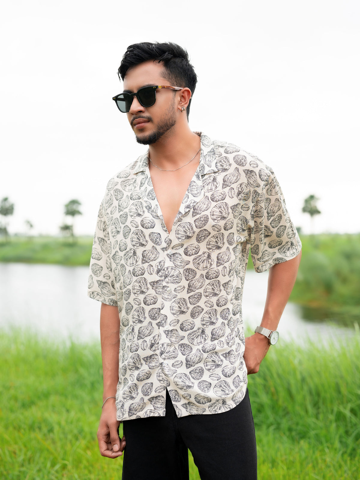 Men’s All Over Printed Cuban Collar Shirt – Short Sleeve Casual Summer Shirt