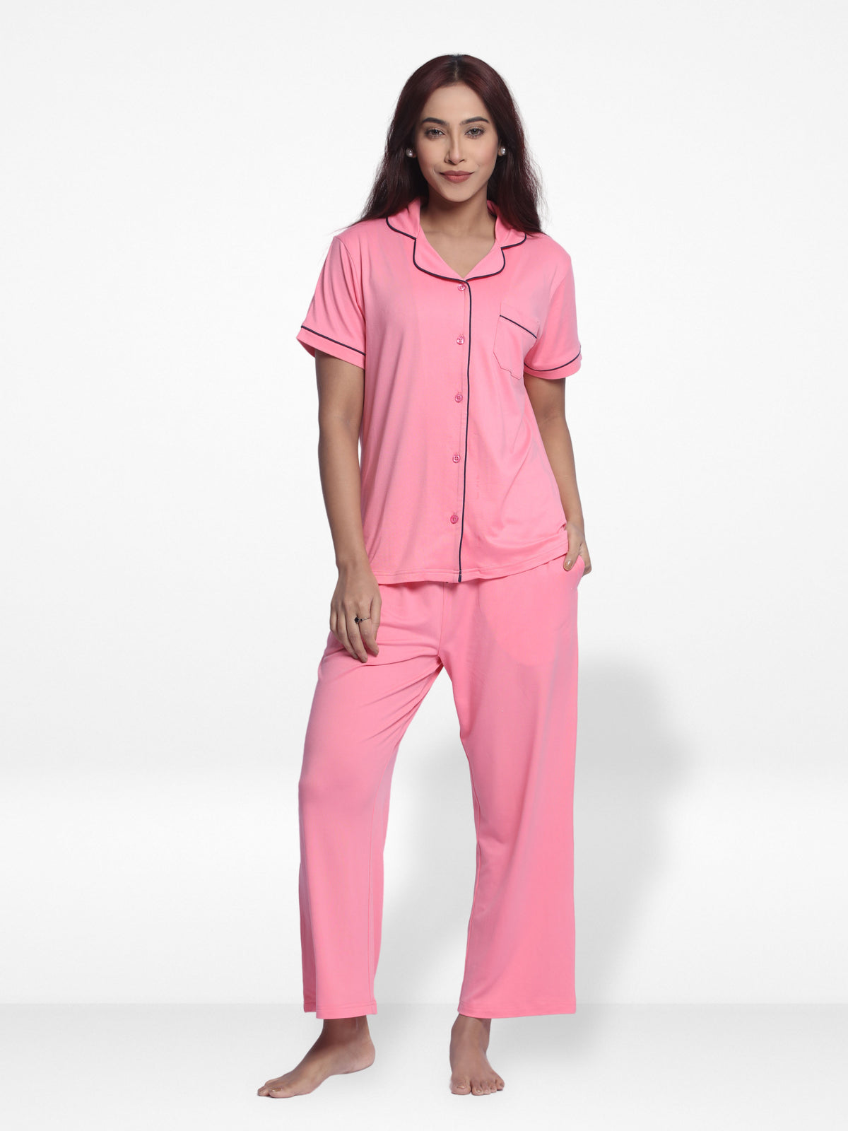 Women Solid Sleepwear Short Sleeve Pyjama Set