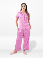 Satin Pajama Set for Women - Contrast Piping, Notch Collar, Button Down, Short Sleeve Long Pant