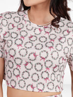 Womens All Over Printed Crop Top and Long Bottom Set Crew Neck Half Sleeve Tee & Matching Bottom | Trendy Casual Two-Piece Wear - Blushing Bride